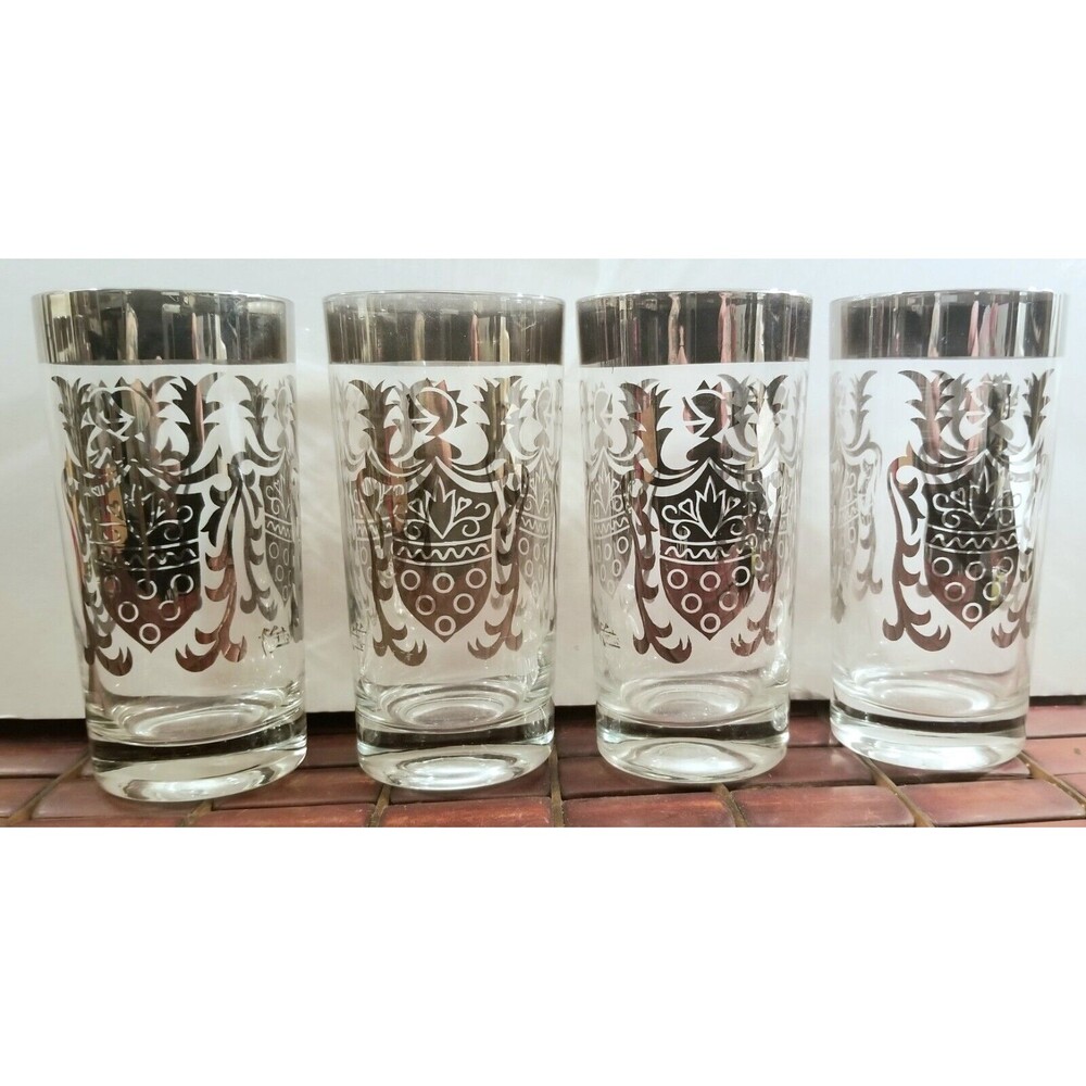 Set of 4 Midcentury Kimiko Silver Knight's Coat of Arms Cocktail Glasses